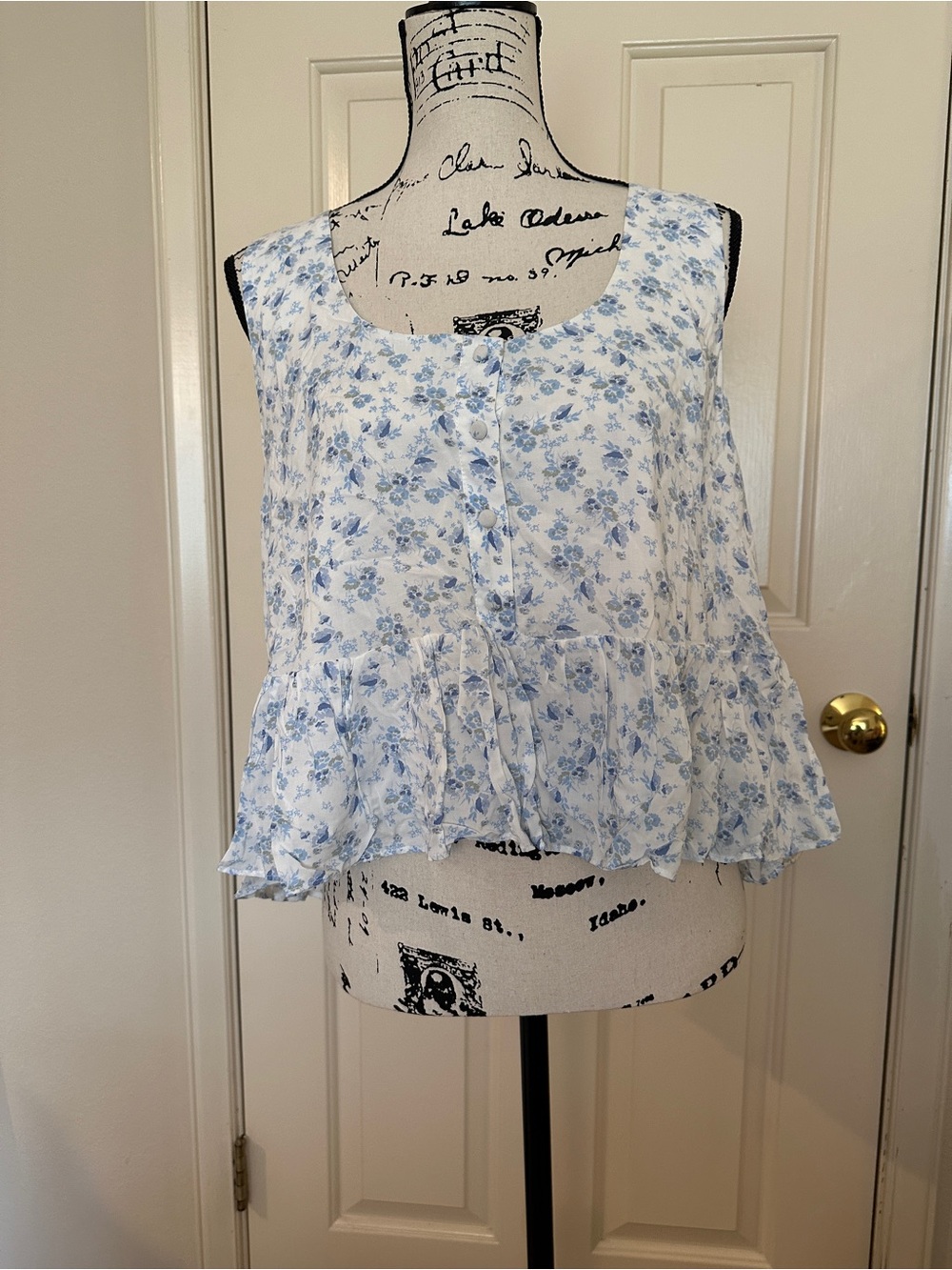 Wayf White and Light Blue Floral Ruffle Crop Top